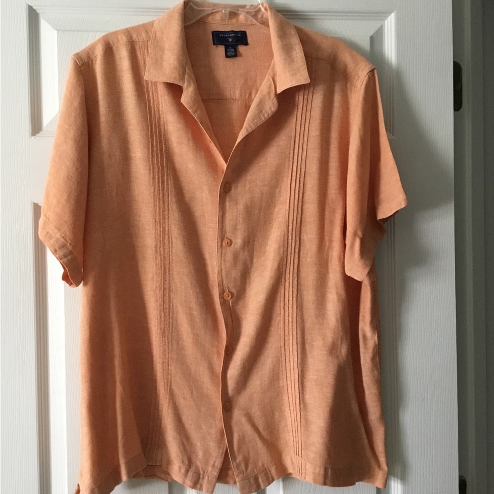 Saddlebred Peach-Orange Linen Blend Short Sleeve Shirt